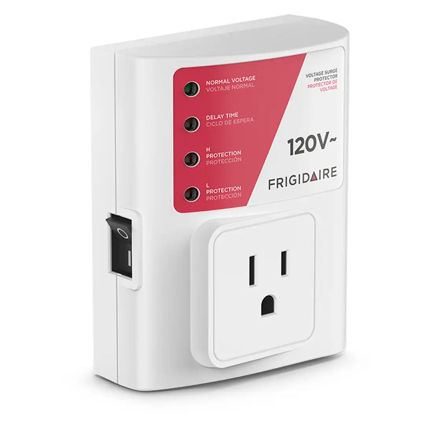 Regulador Frigidaire blanco en vista frontal, protección de voltaje para electrodomésticos