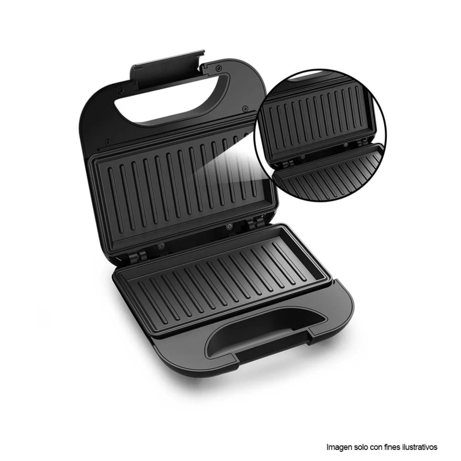 sandwichera Frigidaire acero inoxidable, vista frontal abierta con superficie grabada