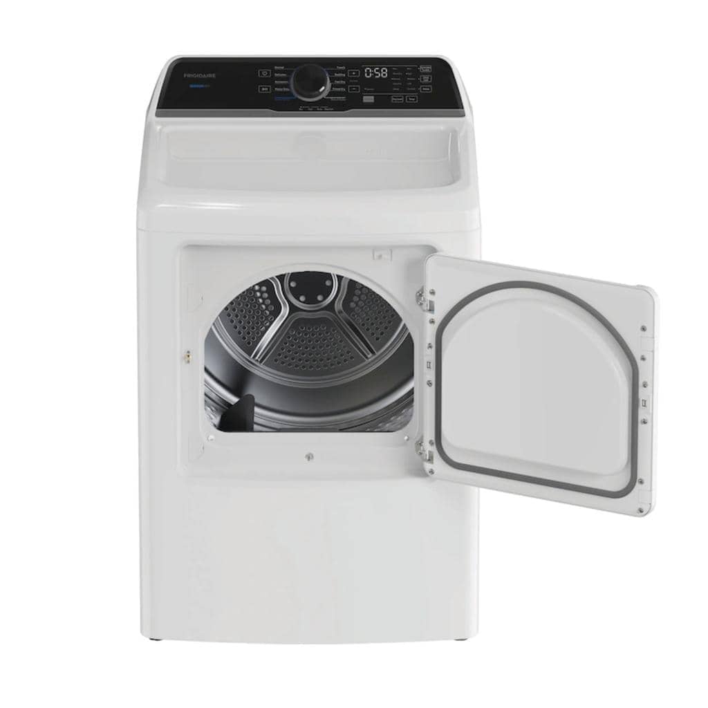Secadora Frigidaire 25 kg alta eficiencia con puerta abierta y panel de control digital