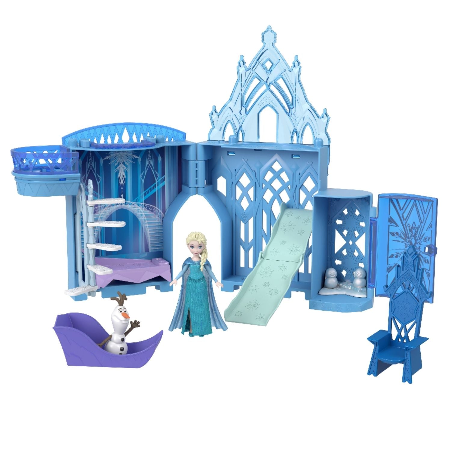 Juguete Frozen azul, castillo de Elsa y Olaf, muñeca, vista frontal