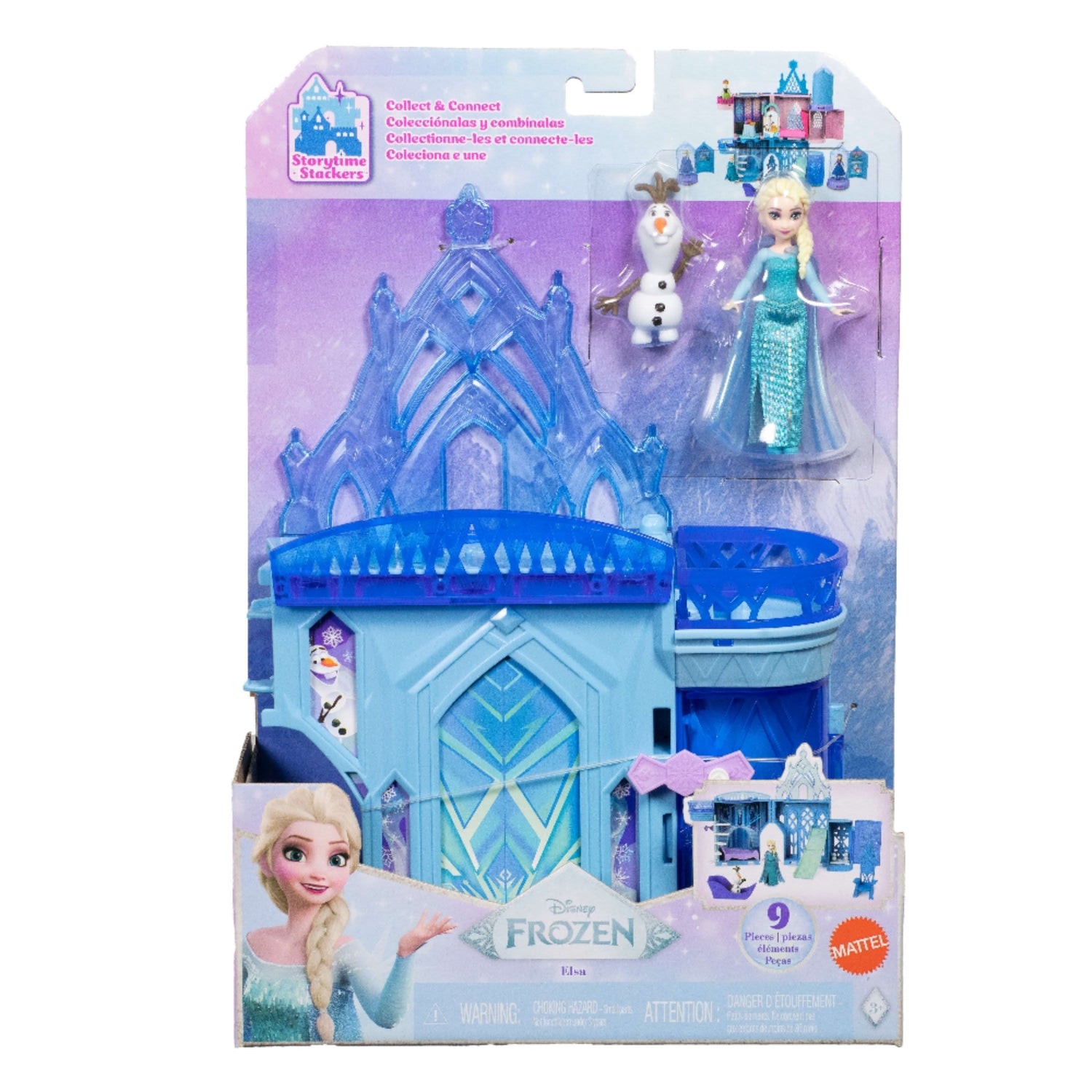 Juguete Frozen de Mattel, castillo azul con muñeca Elsa y Olaf, vista frontal