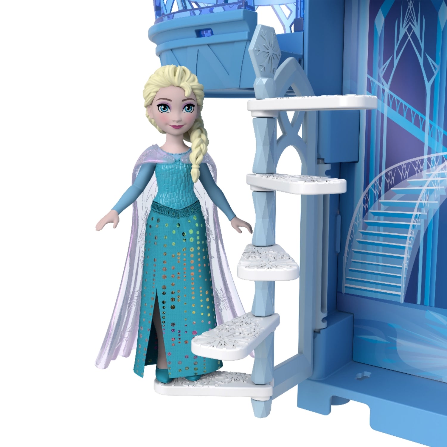 Muñeca Elsa de Frozen juguete en escalera, palacio de hielo