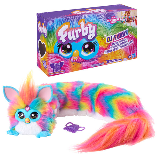 Furby DJ colorido con ojos grandes y caja, juguete interactivo