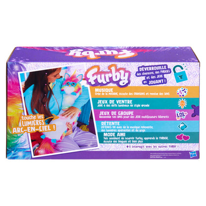 Furby interactivo colorido, vista frontal con caja, juega y canta