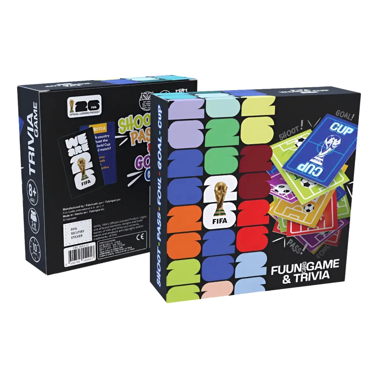 Juego de trivia FIFA con caja colorida, fútbol club barcelona