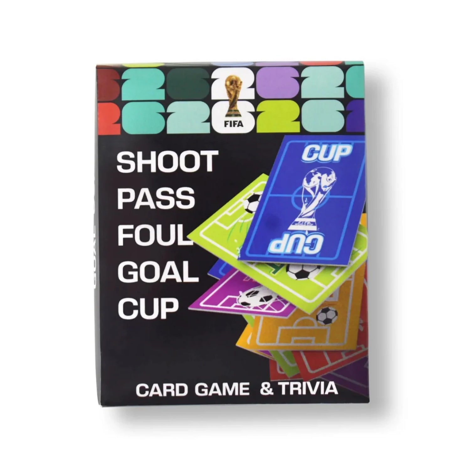 Juego de cartas y trivia fútbol club barcelona, caja colorida con gráficos de fútbol