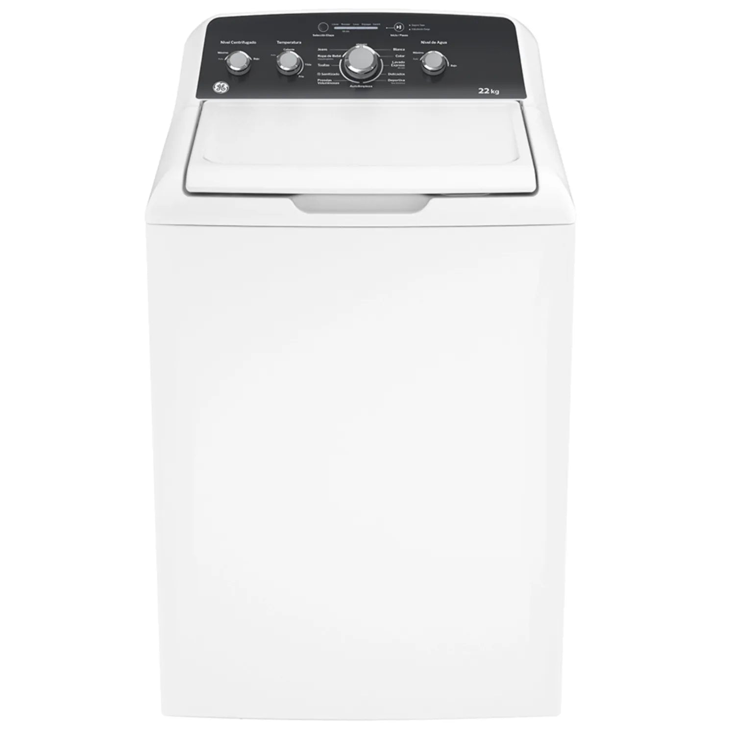 Lavadora GE 22kg alta capacidad en color blanco con panel de control superior y diseñó moderno