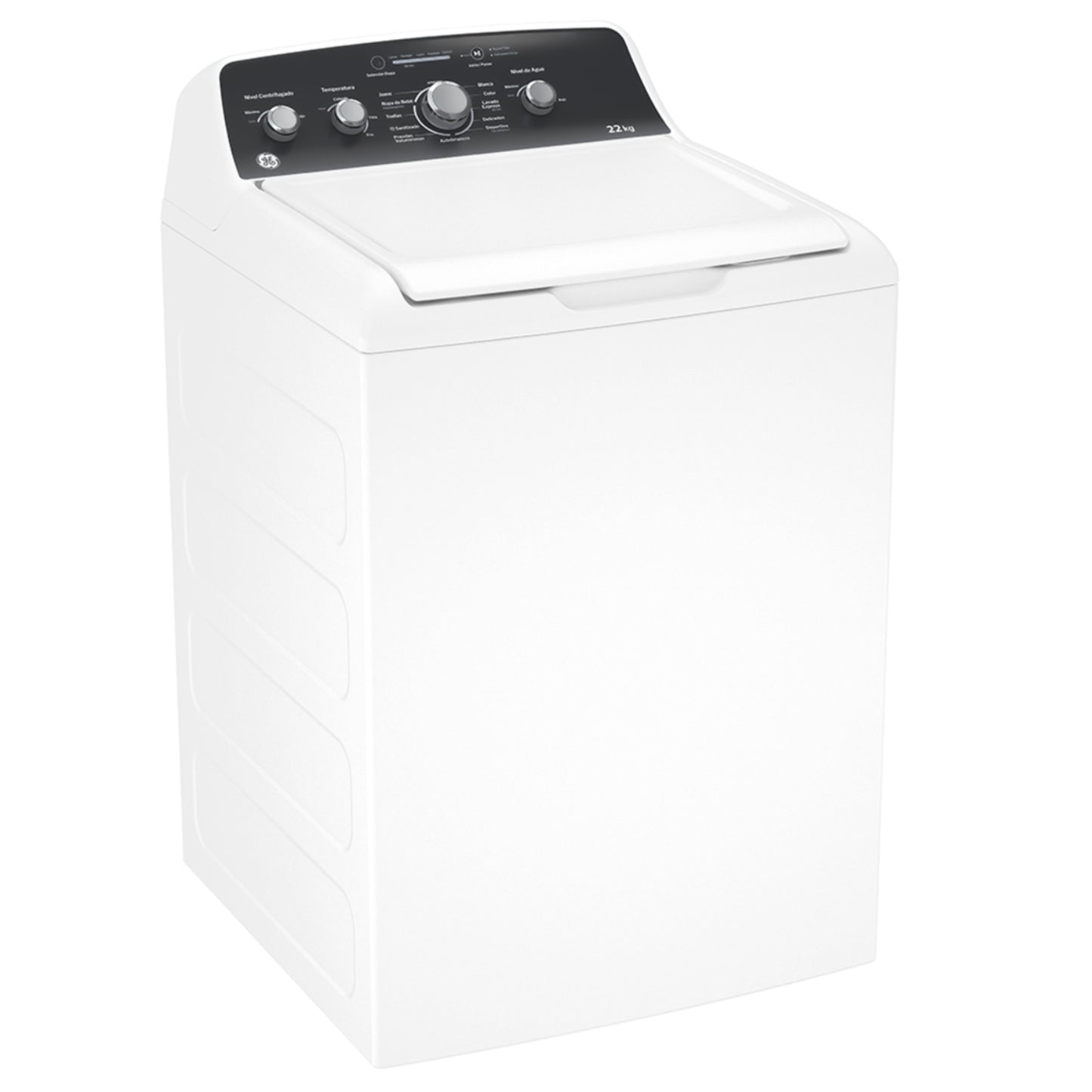 Lavadora GE 22kg alta capacidad MABE blanca con panel de control negro y tapa superior