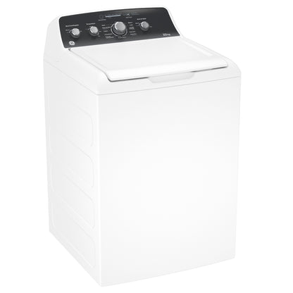 Lavadora GE 22kg alta capacidad MABE blanca con panel de control negro y tapa superior