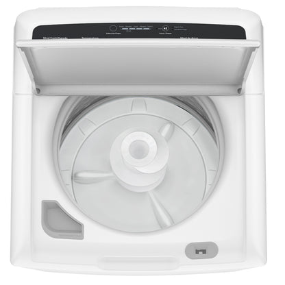 Lavadora GE 22kg alta capacidad de MABE con tapa superior abierta y tambor visible en color blanco