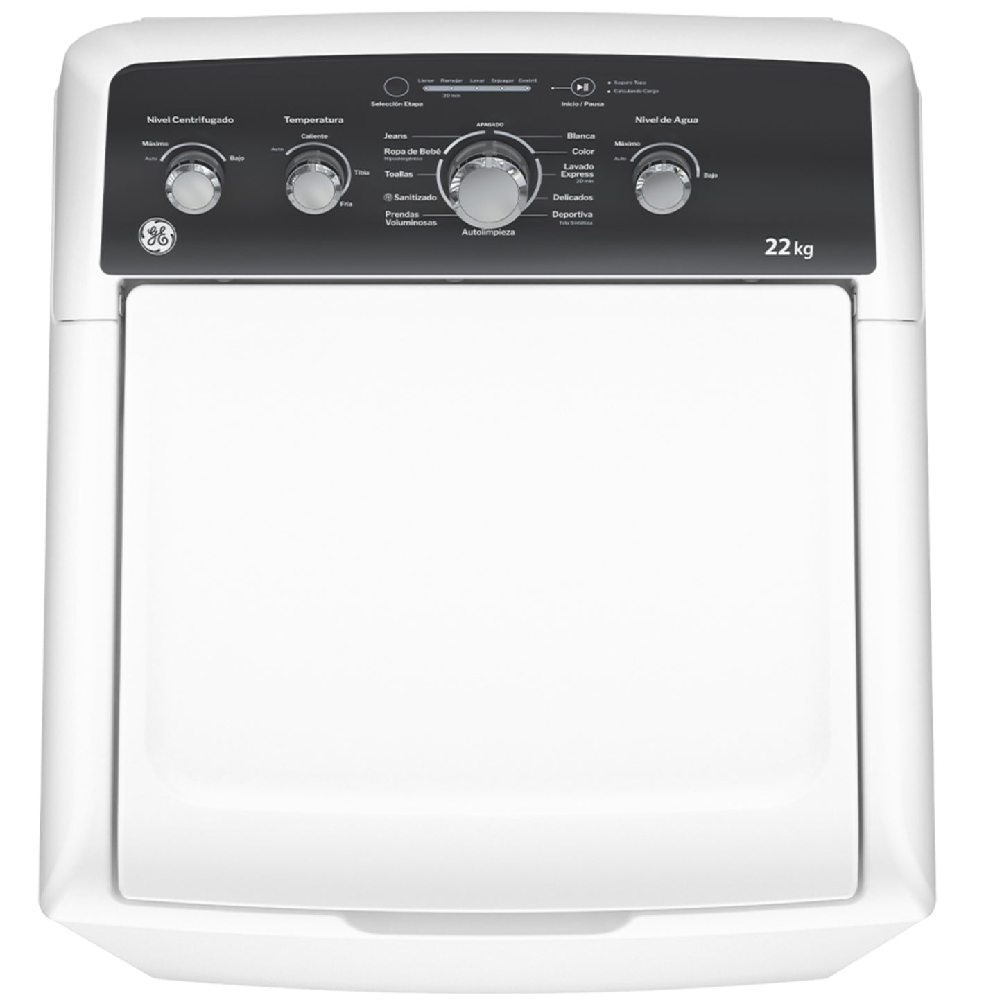 Lavadora GE 22kg alta capacidad de MABE con controles manuales y diseño en color blanco y negro