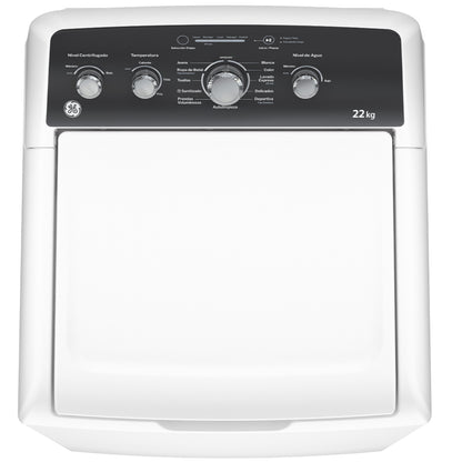 Lavadora GE 22kg alta capacidad de MABE con controles manuales y diseño en color blanco y negro