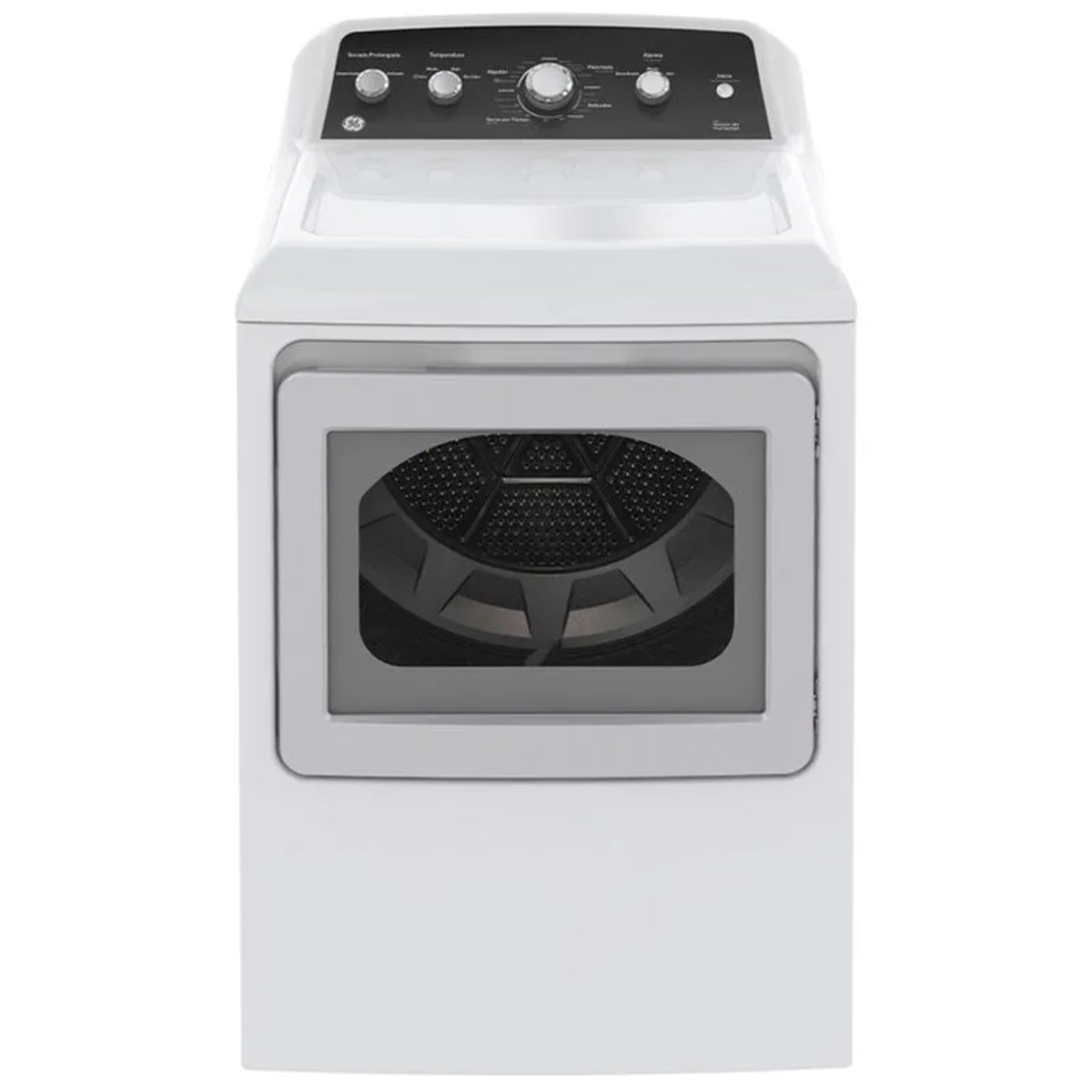 Secadora eléctrica General Electric 22 kg en color blanco con panel de control y puerta transparente.