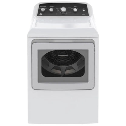 Secadora eléctrica General Electric 22 kg en color blanco con panel de control y puerta transparente.