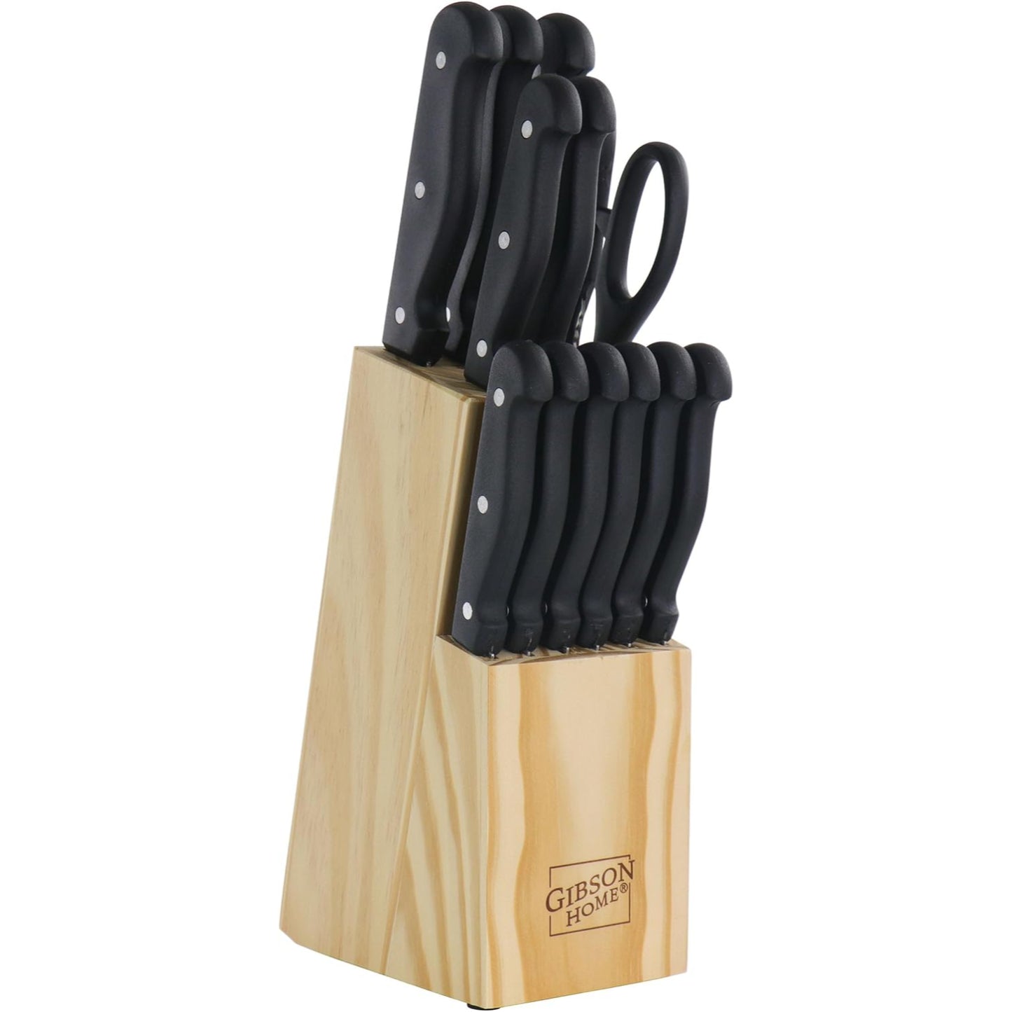 Juego de cuchillos negros con bloque de madera, cocina moderna
