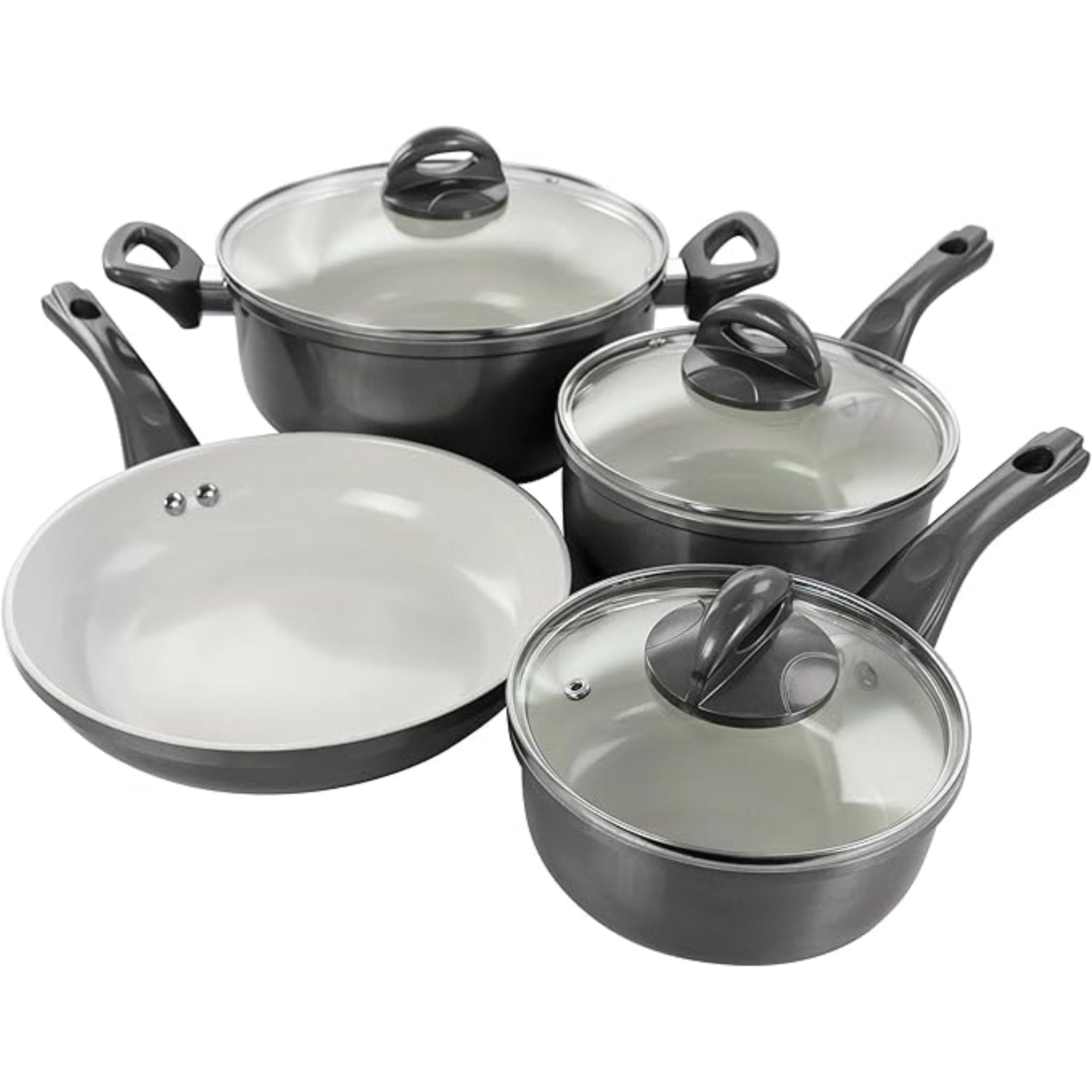 Juego de cacerolas gris con tapas de vidrio, cocina moderna