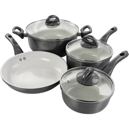 Juego de cacerolas gris con tapas de vidrio, cocina moderna