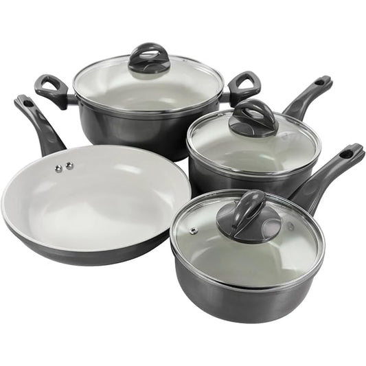 Juego de cacerolas gris con tapas de vidrio, cocina moderna