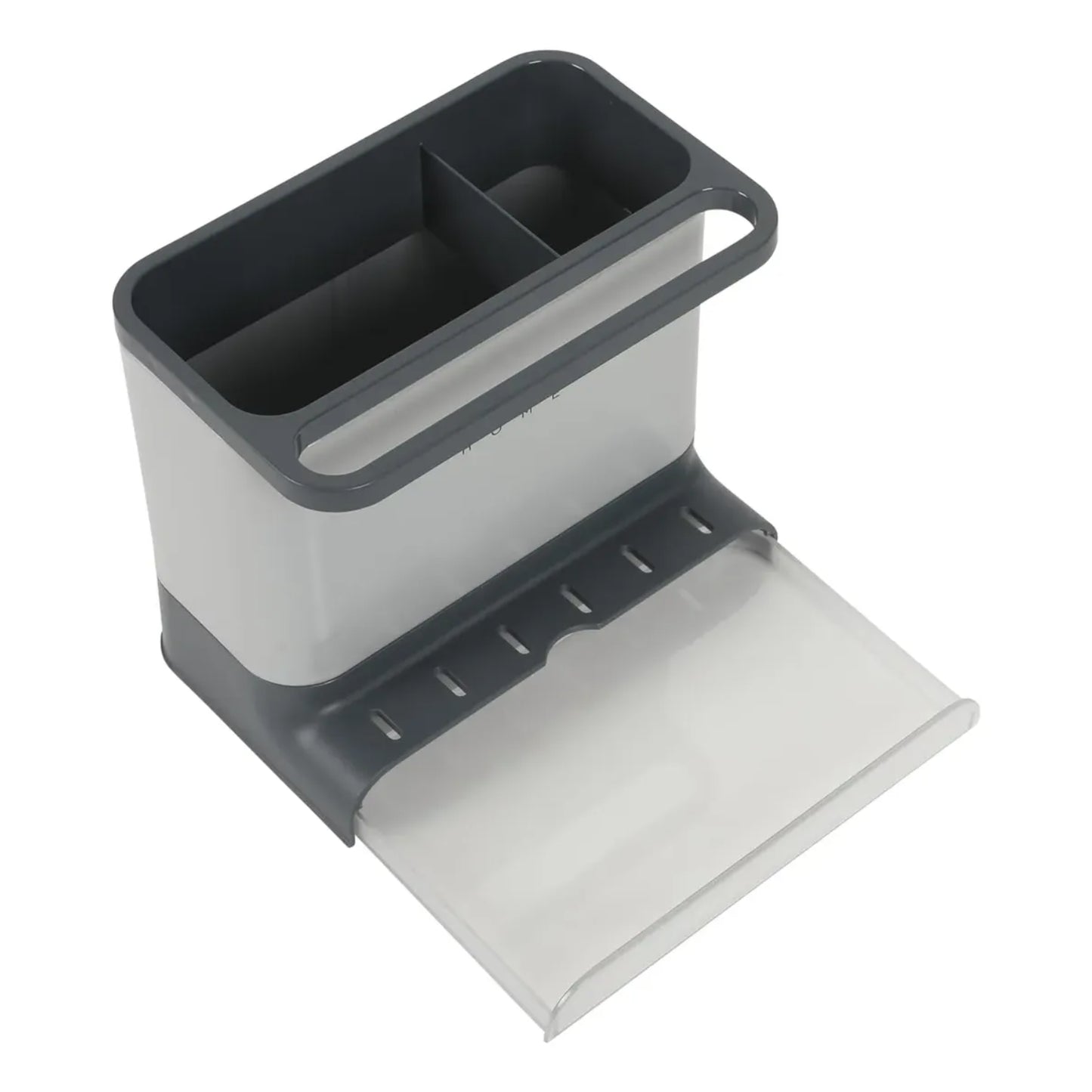 soporte organizador gris para lavamanos, vista frontal y compartimentos