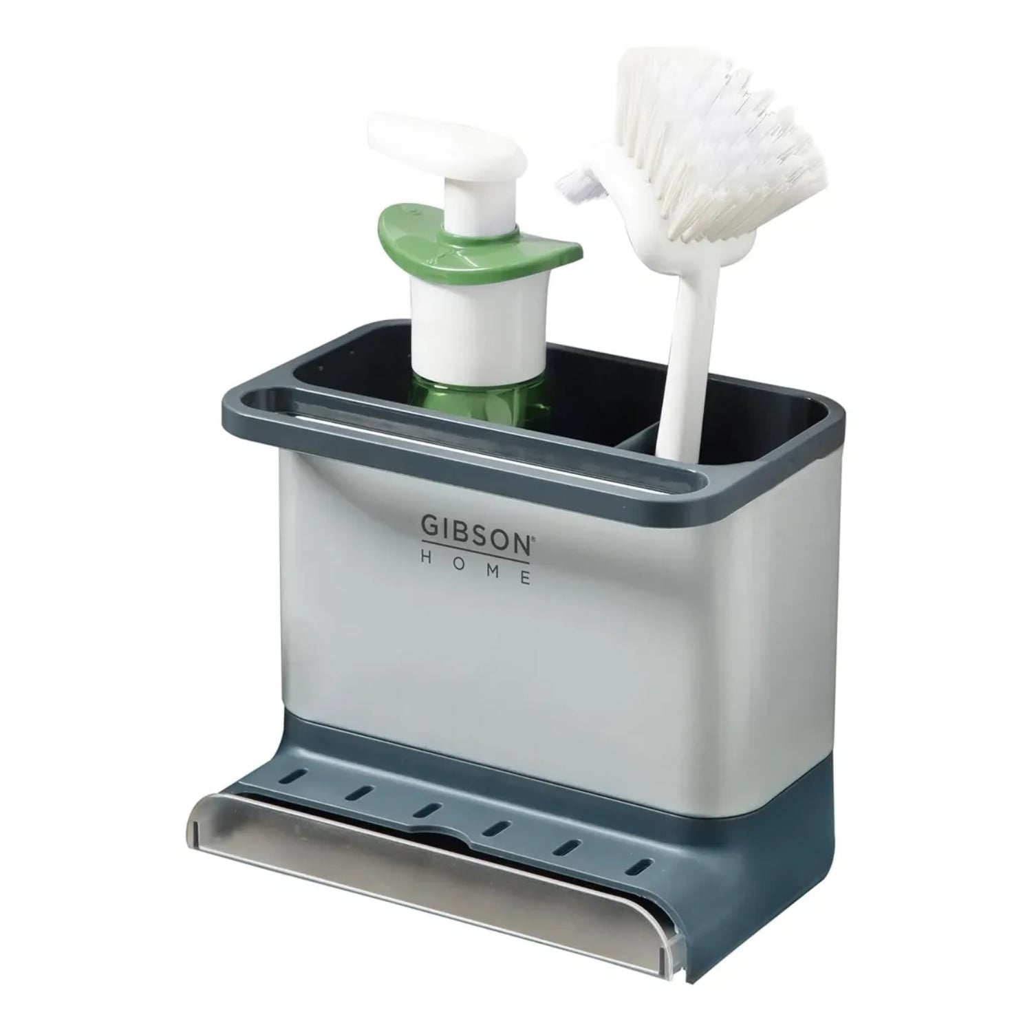 Organizador de lavamanos gris y verde, con dispensador y cepillo de cocina
