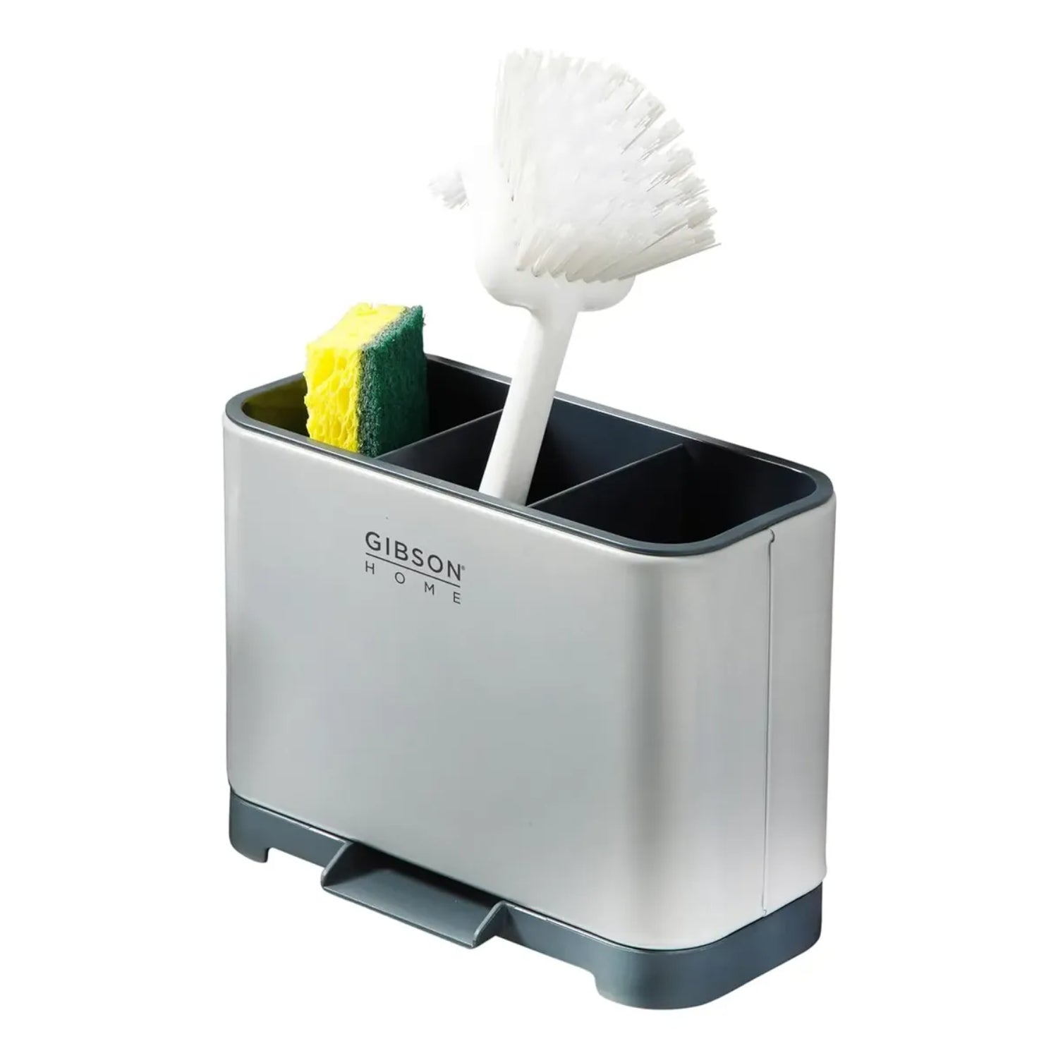 Organizador de utensilios de cocina gris, con esponja y cepillo, ideal para lavamanos.