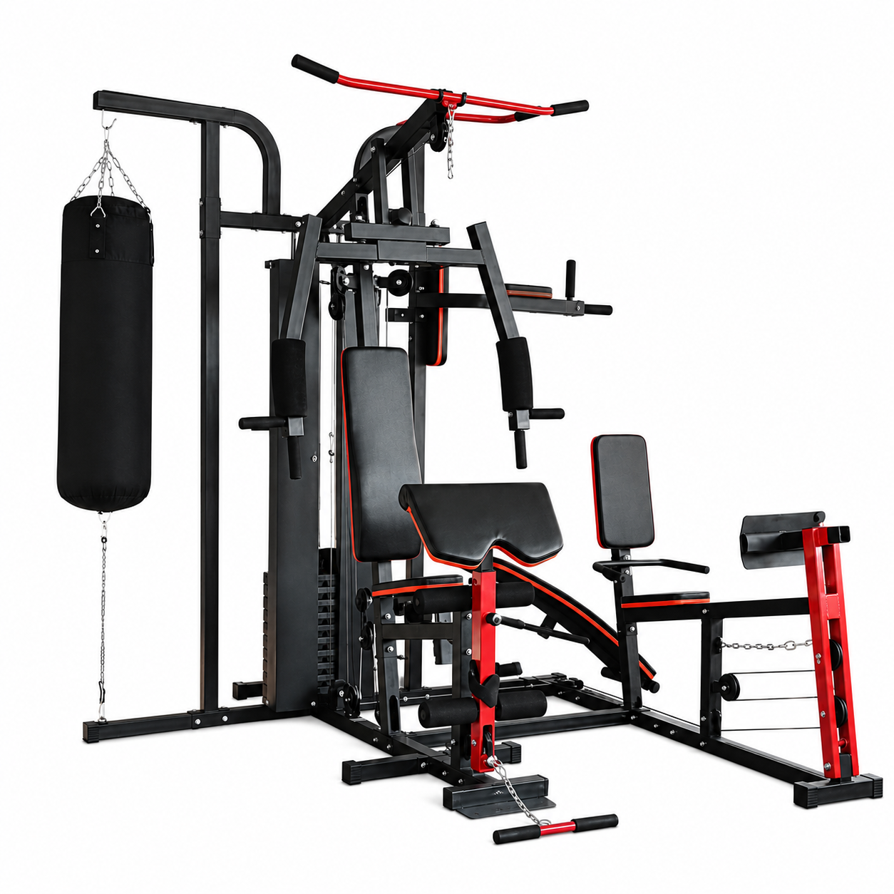 Estación de entrenamiento multifuncional negra y roja, gimnasio en casa