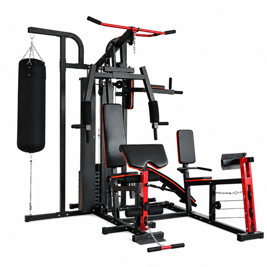Estación de entrenamiento multifuncional negra y roja, gimnasio en casa