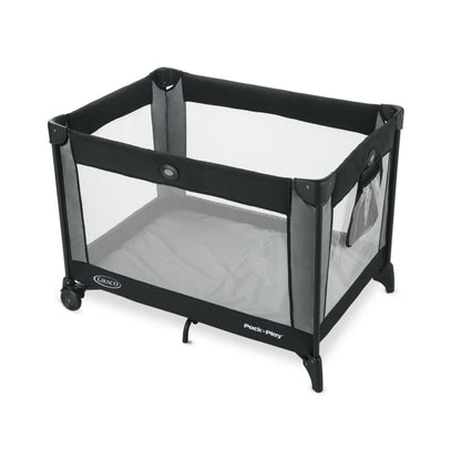 Corral portátil Graco negro con malla y ruedas para fácil transporte