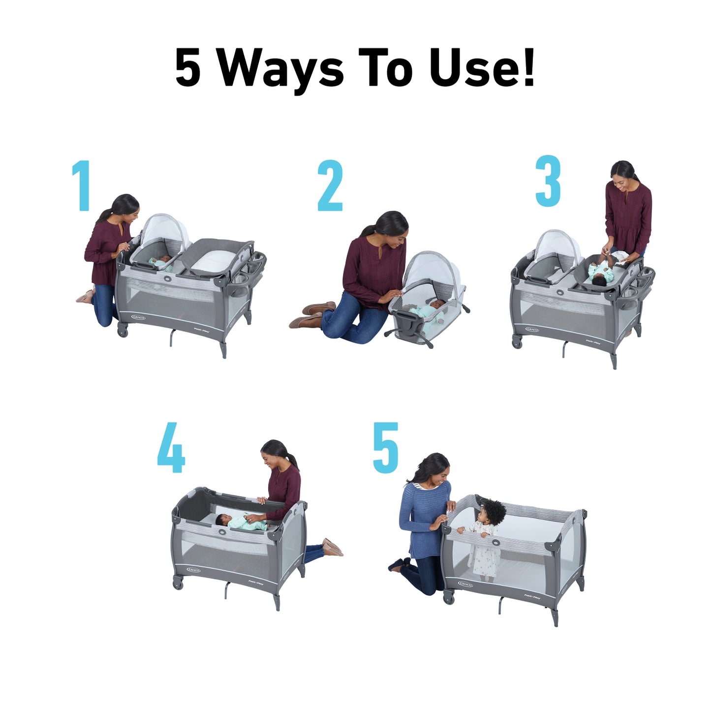 Cuna GRACO gris con 5 formas de uso, ideal para bebés hasta 12 meses