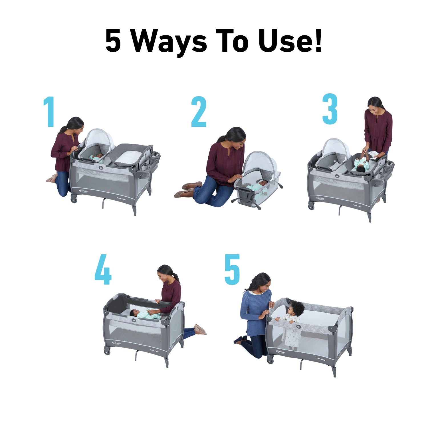 Cuna GRACO gris con 5 formas de uso, ideal para bebés hasta 12 meses