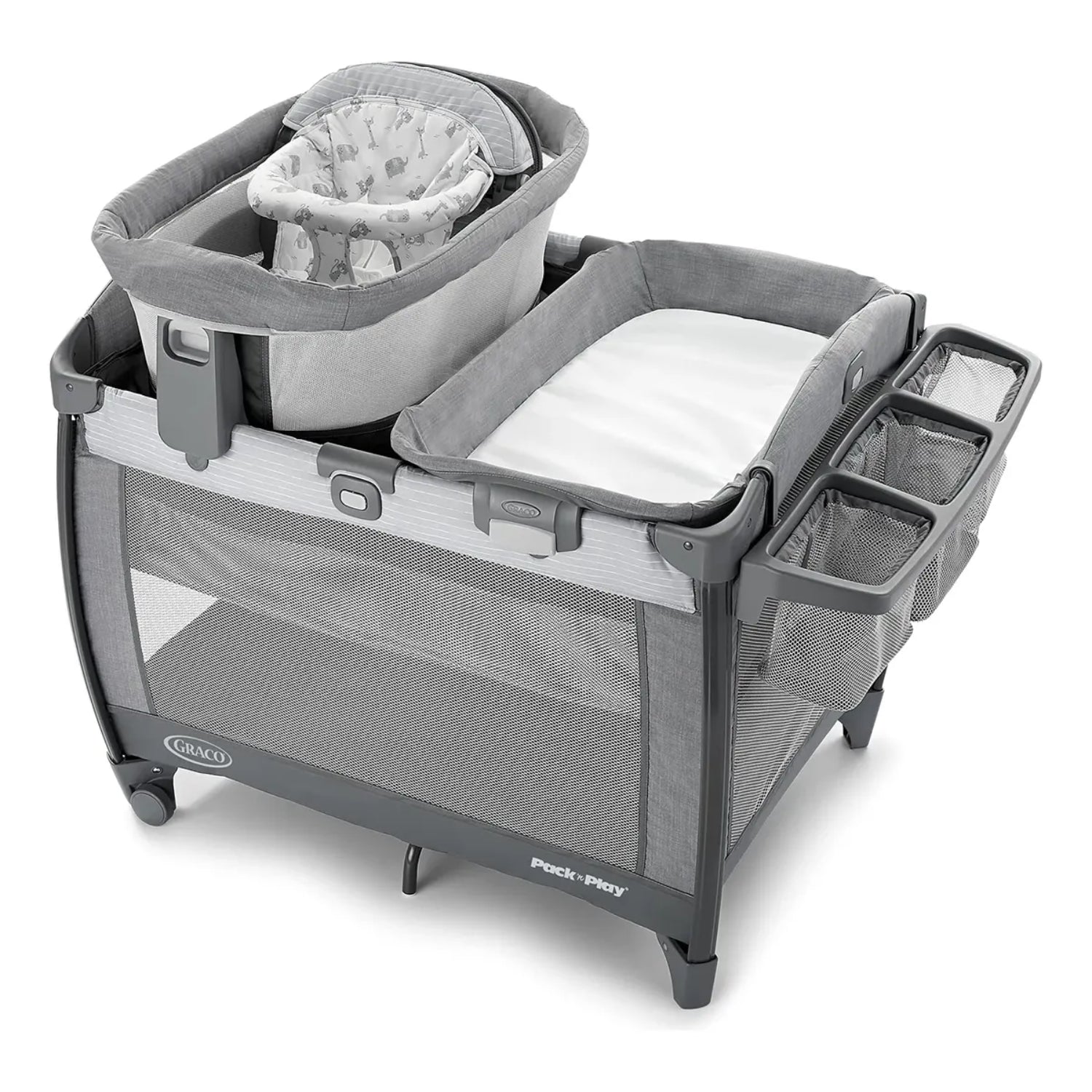 Cuna portátil GRACO gris con mois y cambiador, ideal para el hogar y viajes