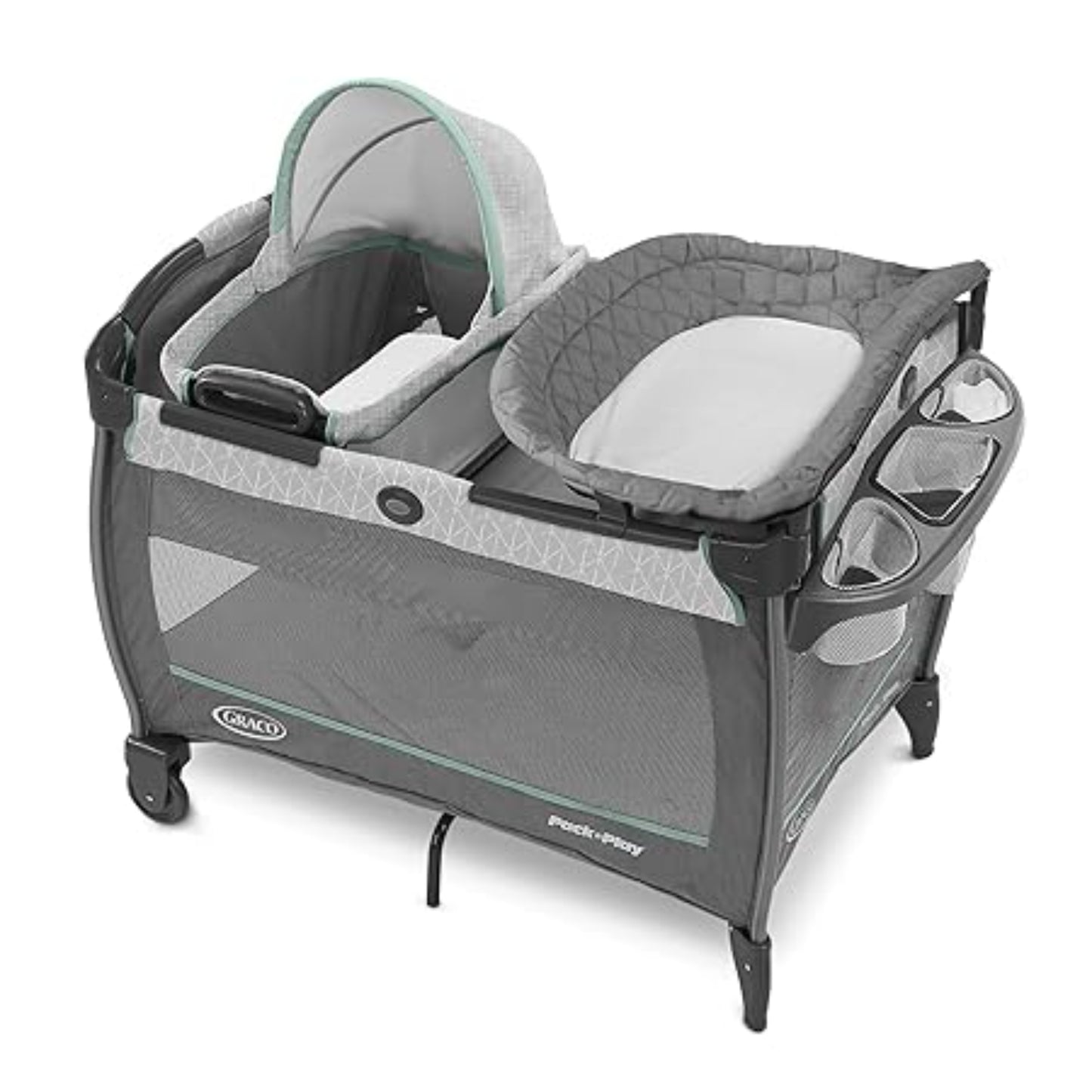 Cuna portátil GRACO gris y verde con espacio para bebés y mois