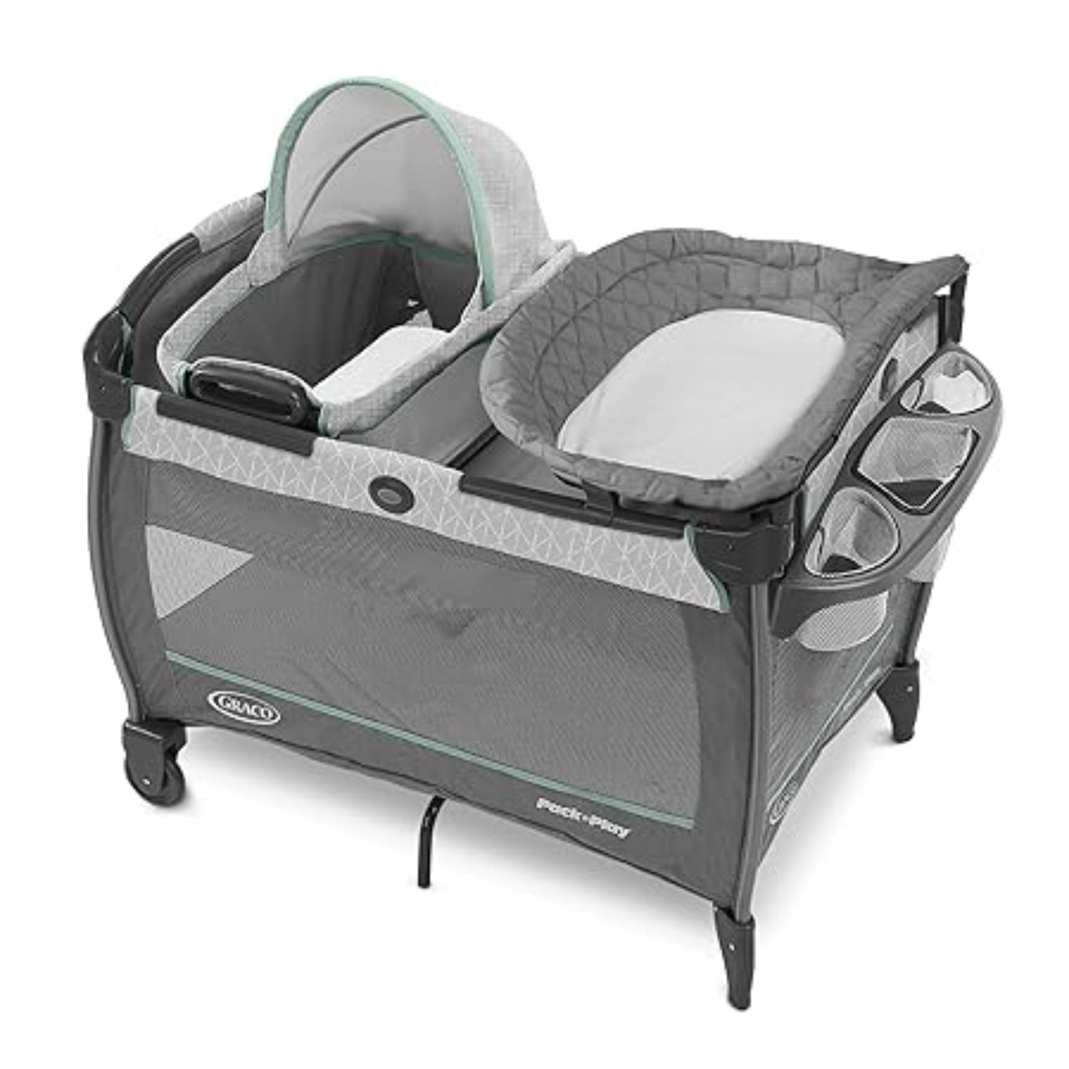 Cuna portátil GRACO gris y verde con espacio para bebés y mois