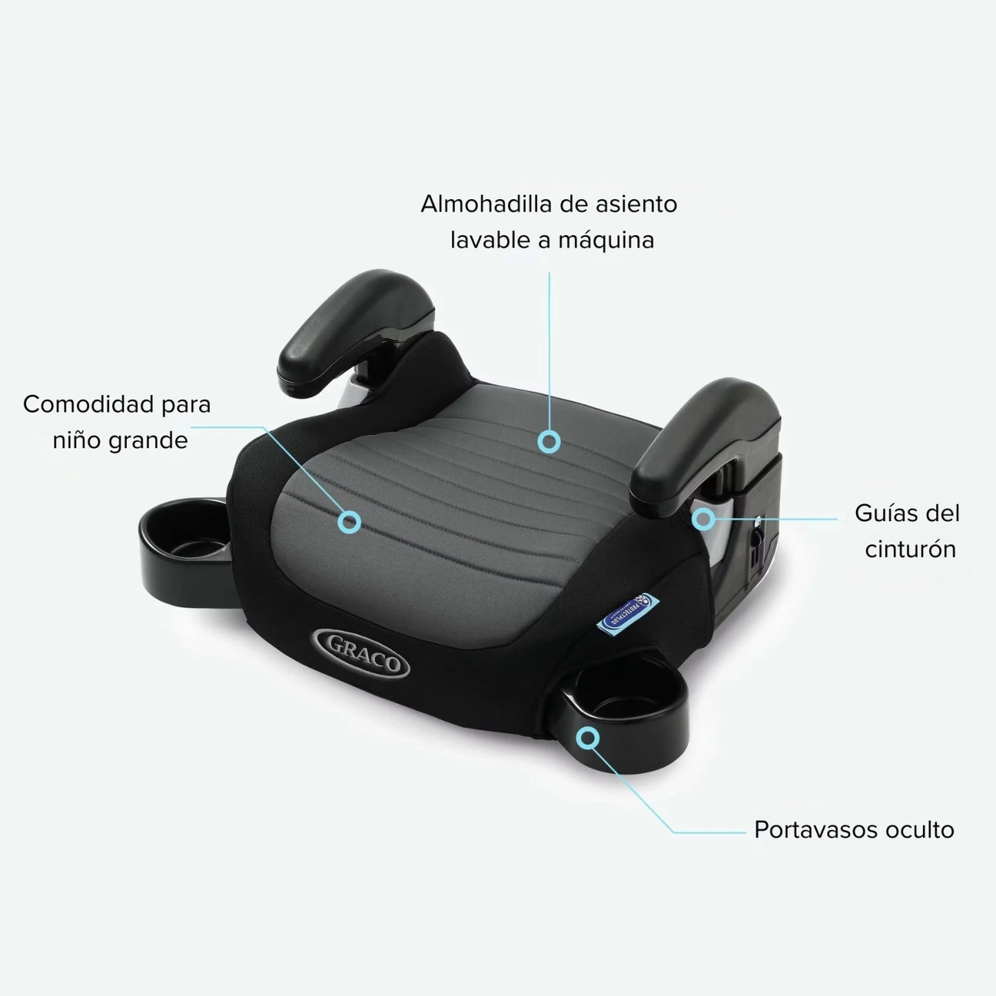 silla GRACO negra, vista frontal con almohadilla lavable y portavasos oculto