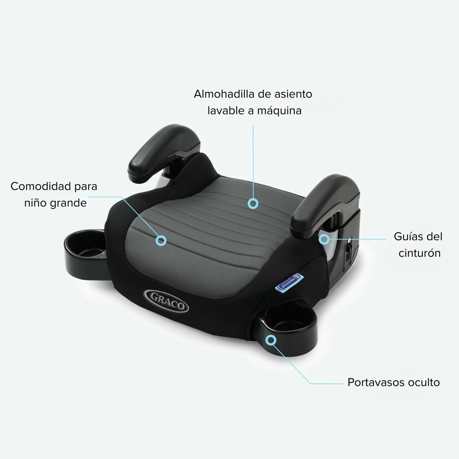 silla GRACO negra, vista frontal con almohadilla lavable y portavasos oculto