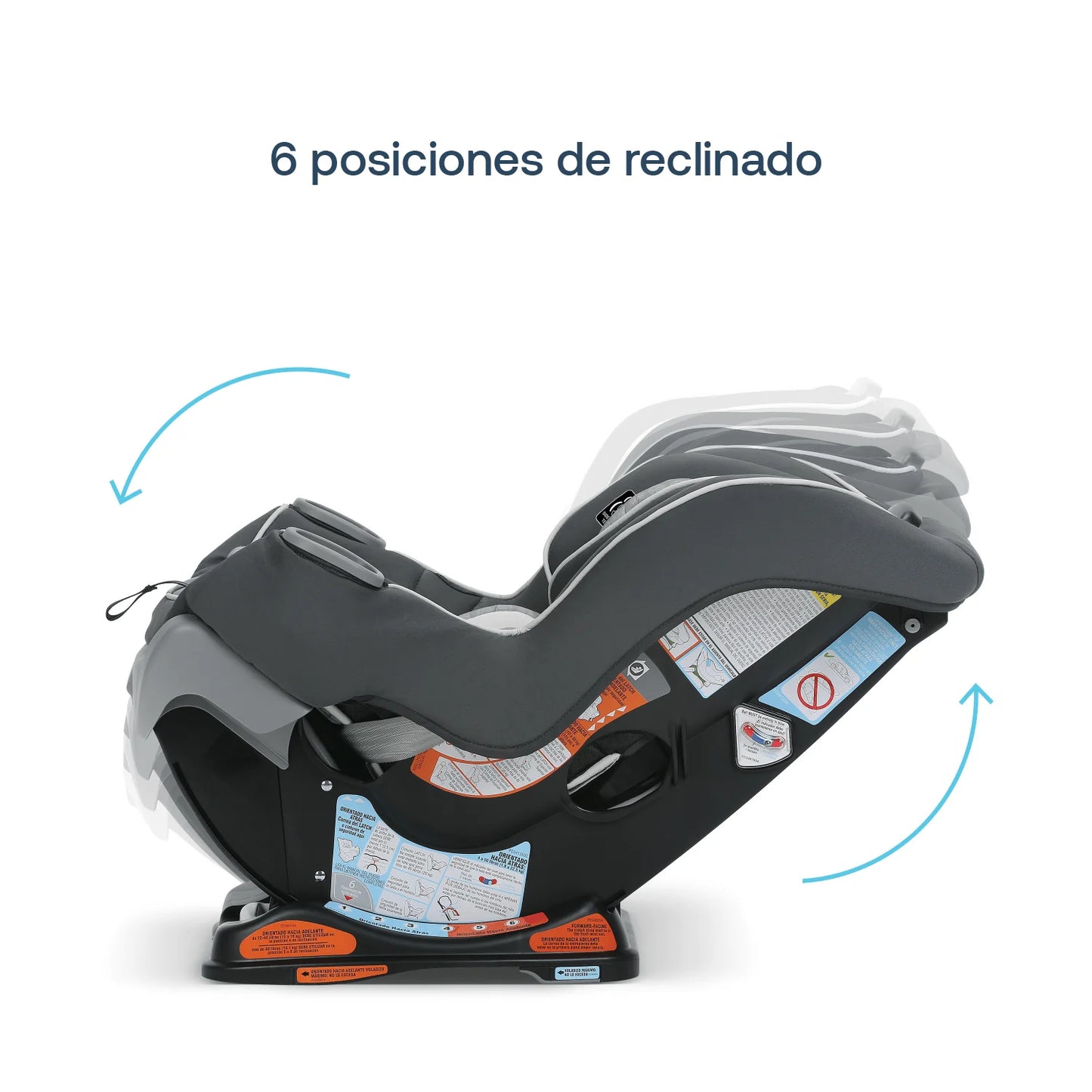 silla gris de auto, vista lateral mostrando 6 posiciones de reclinado