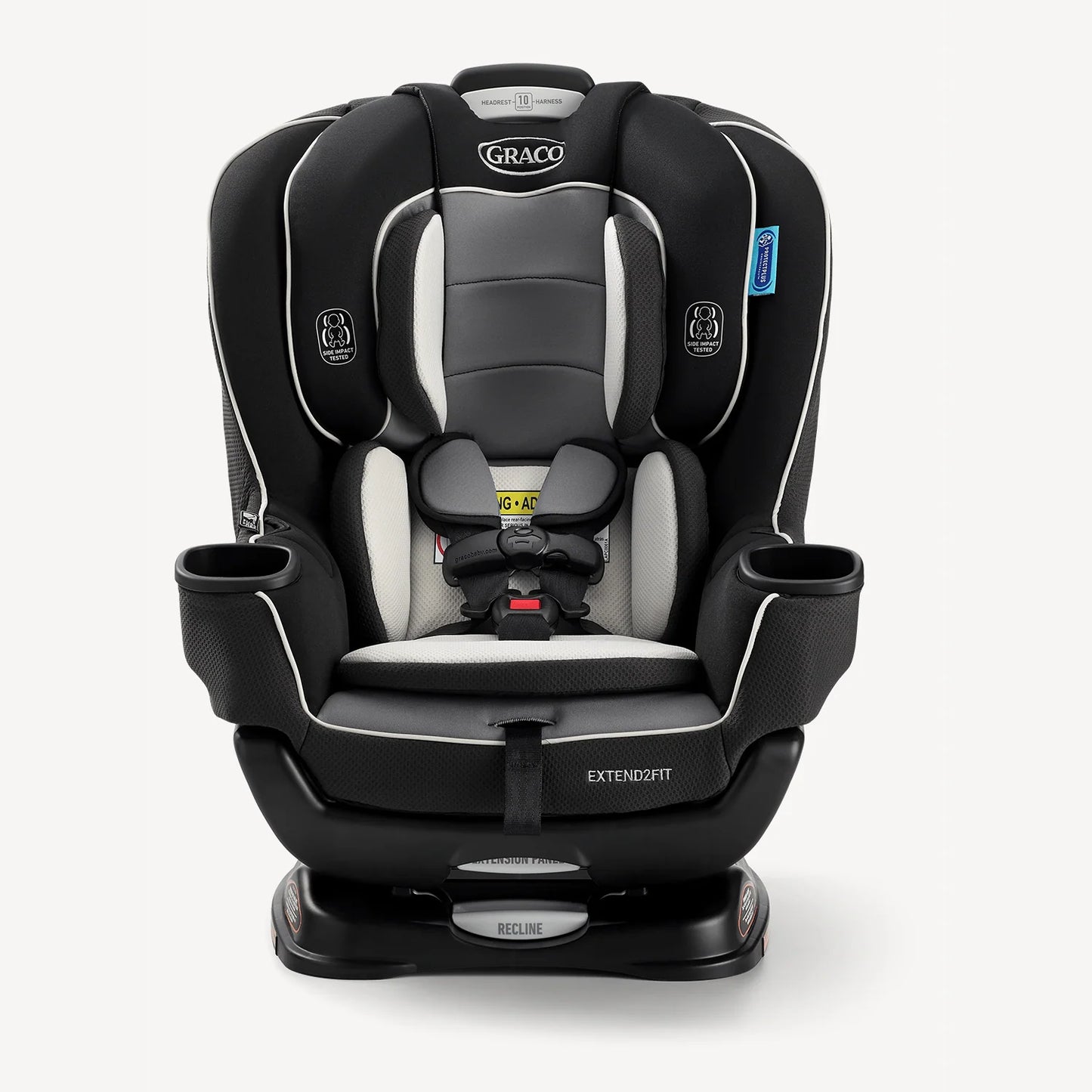 silla de auto Graco negra y gris, vista frontal, segura y cómoda