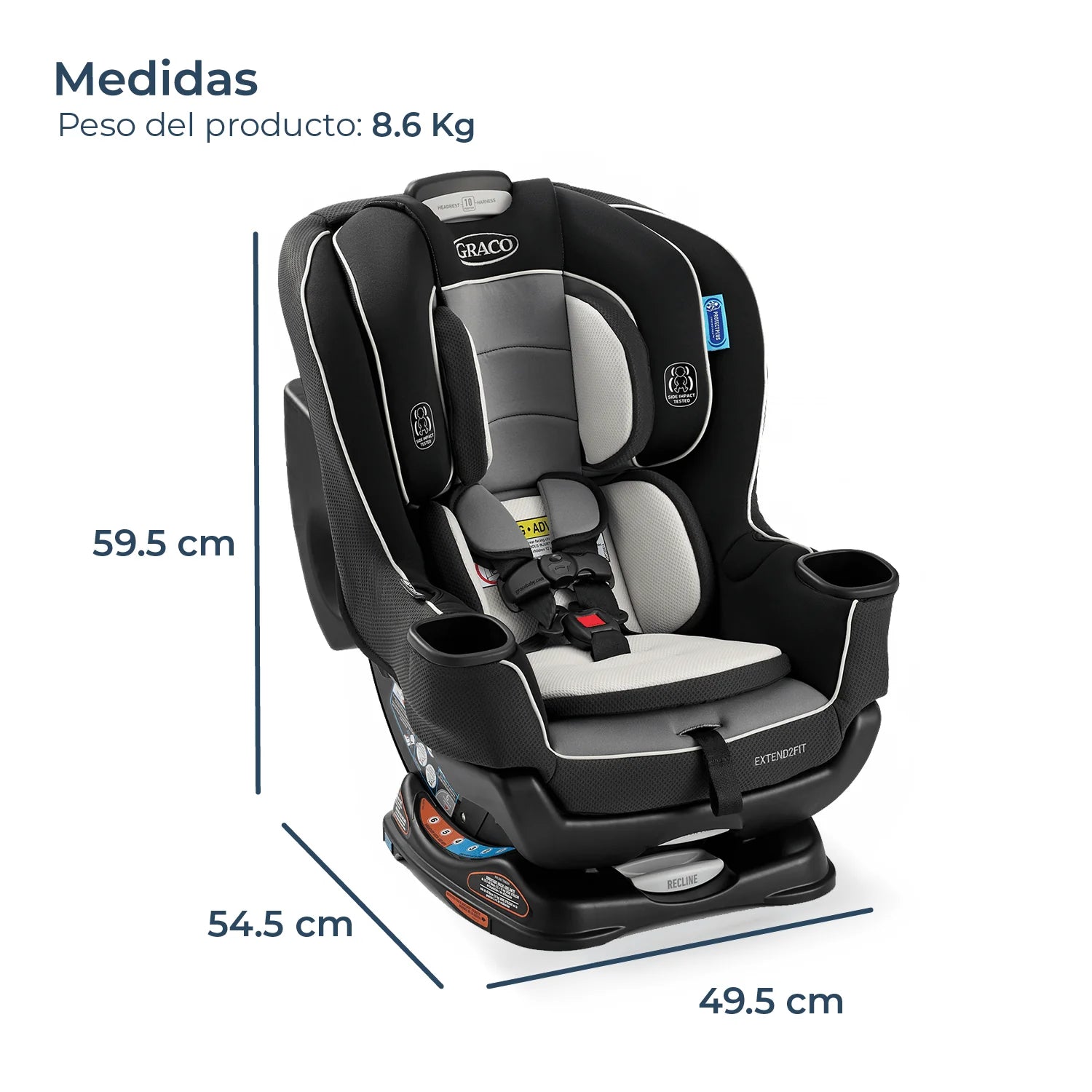Silla de auto GRACO negra con detalles grises, vista frontal y medidas destacadas