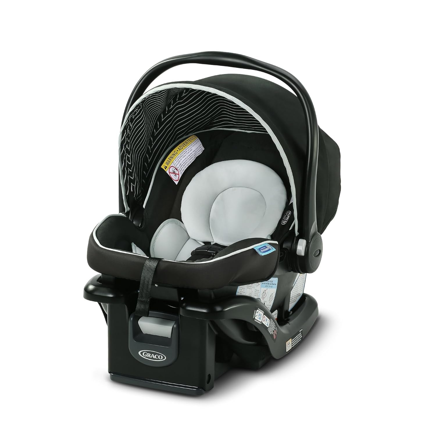 silla de auto GRACO negra con acolchado blanco, vista lateral