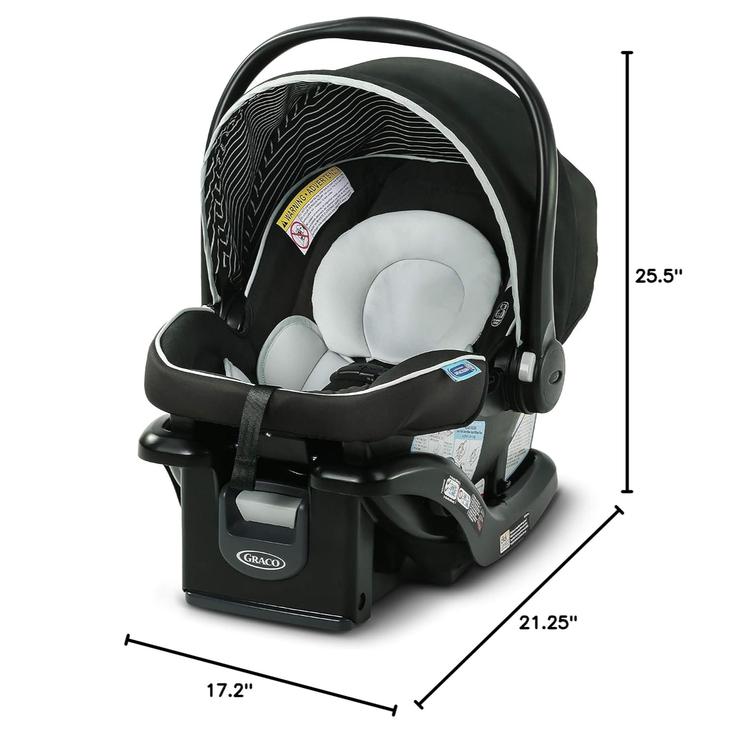 silla de auto Graco negra con soporte, vista frontal y medidas