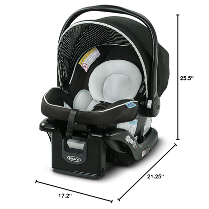 silla de auto Graco negra con soporte, vista frontal y medidas