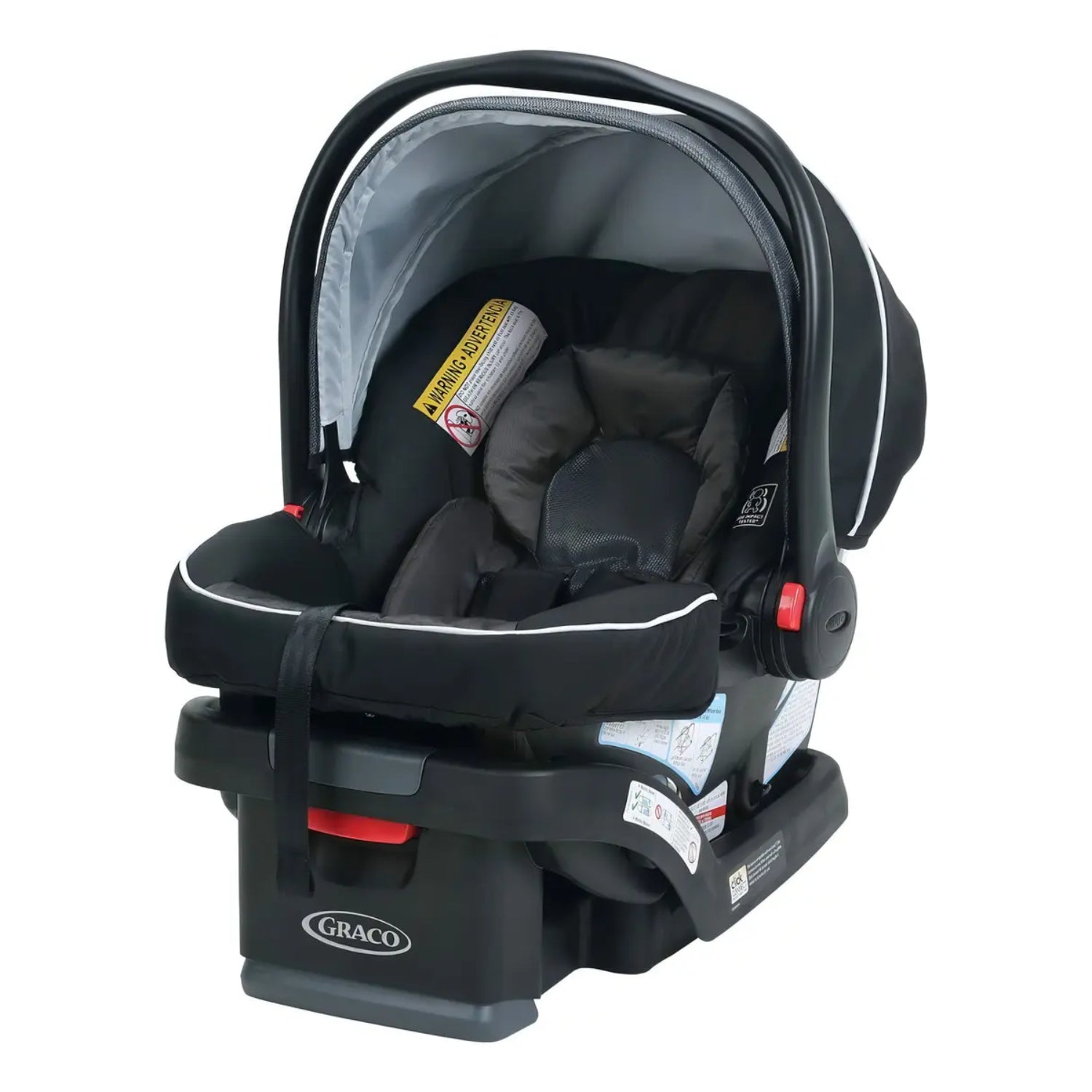 silla de auto Graco negra con base, vista lateral para bebés