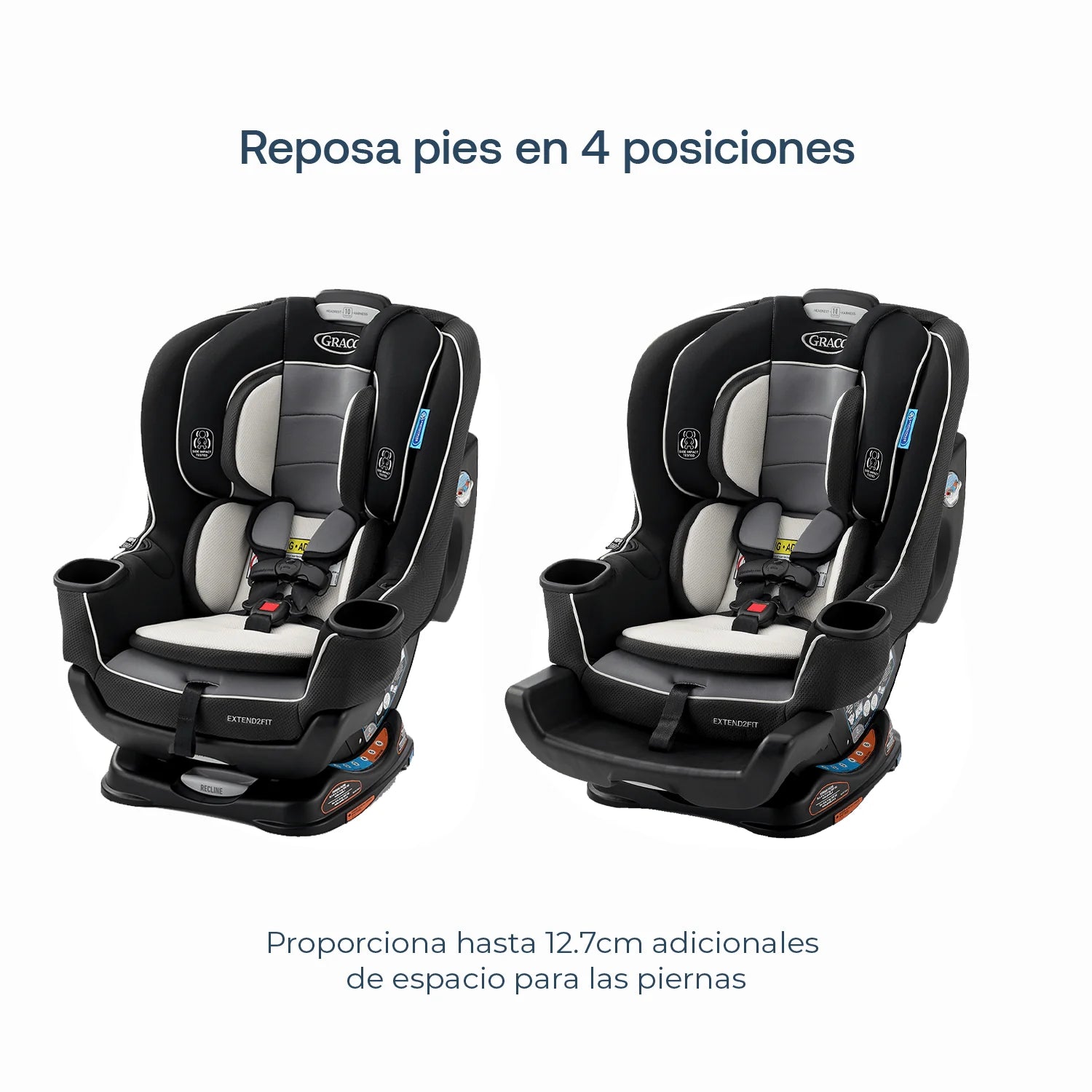 silla de auto Graco negra, vista lateral, reposapies ajustable en 4 posiciones
