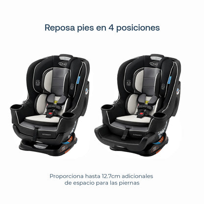 silla de auto Graco negra, vista lateral, reposapies ajustable en 4 posiciones