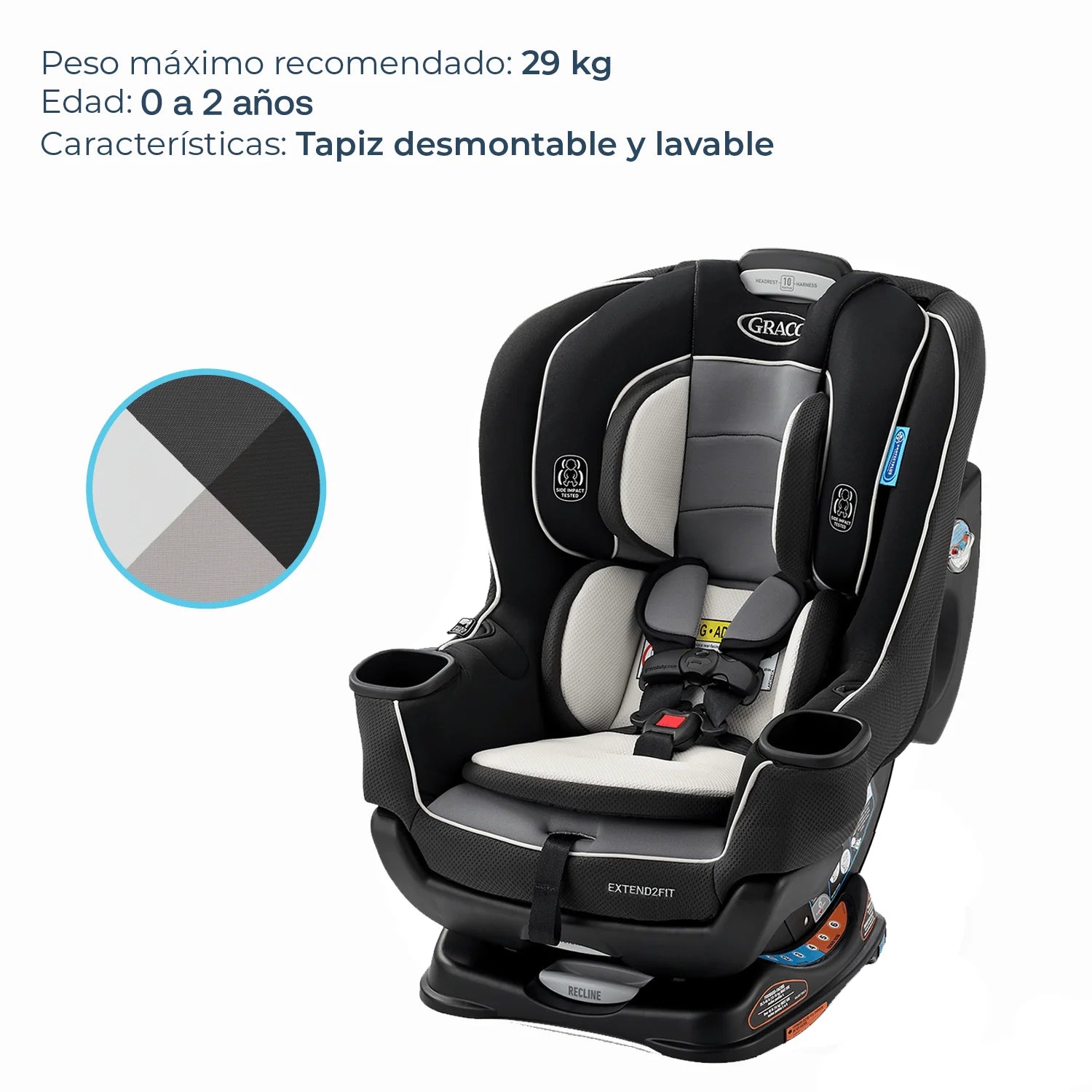 silla de auto Graco negra y gris, vista lateral, para bebés hasta 29 kg