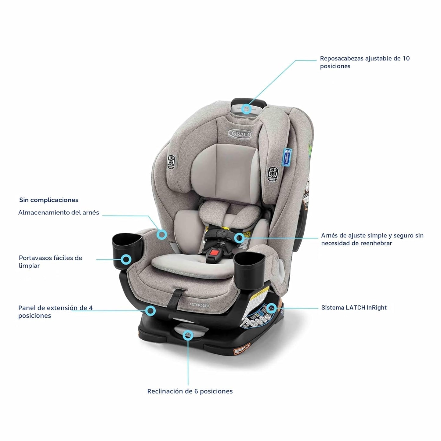 silla Graco gris lateral con reposacabezas ajustable y portavasos