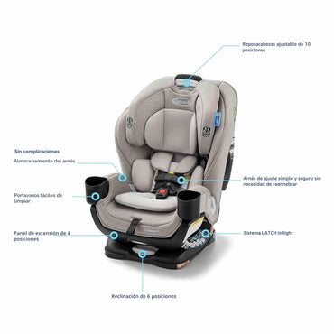 silla Graco gris lateral con reposacabezas ajustable y portavasos