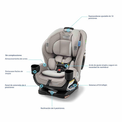 silla Graco gris lateral con reposacabezas ajustable y portavasos