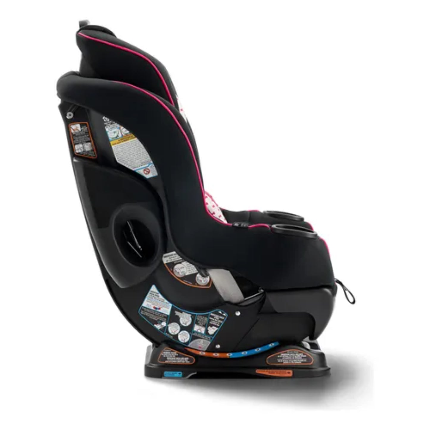 silla de auto GRACO negra y rosa lateral, instalación segura y cómoda