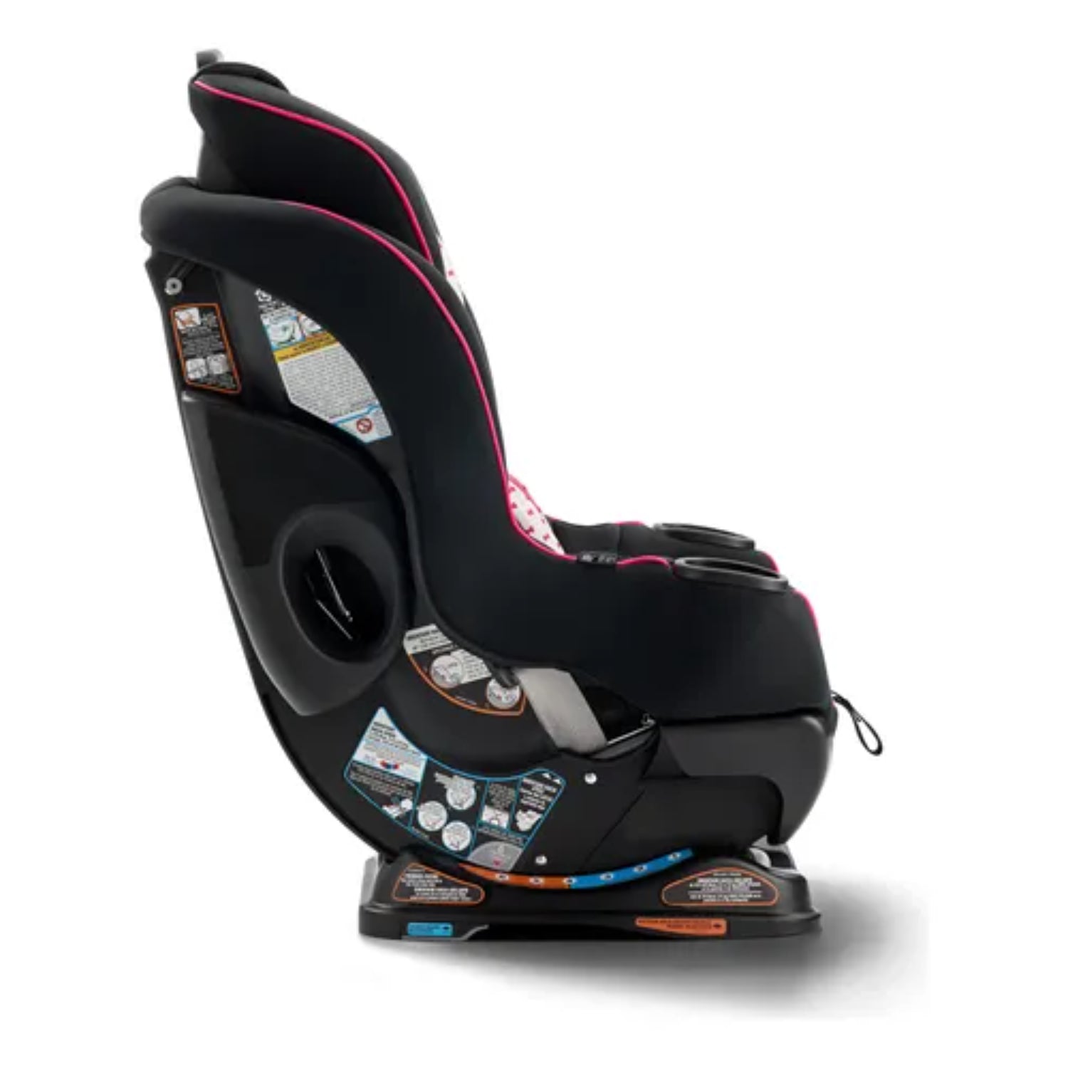 silla de auto GRACO negra y rosa lateral, instalación segura y cómoda